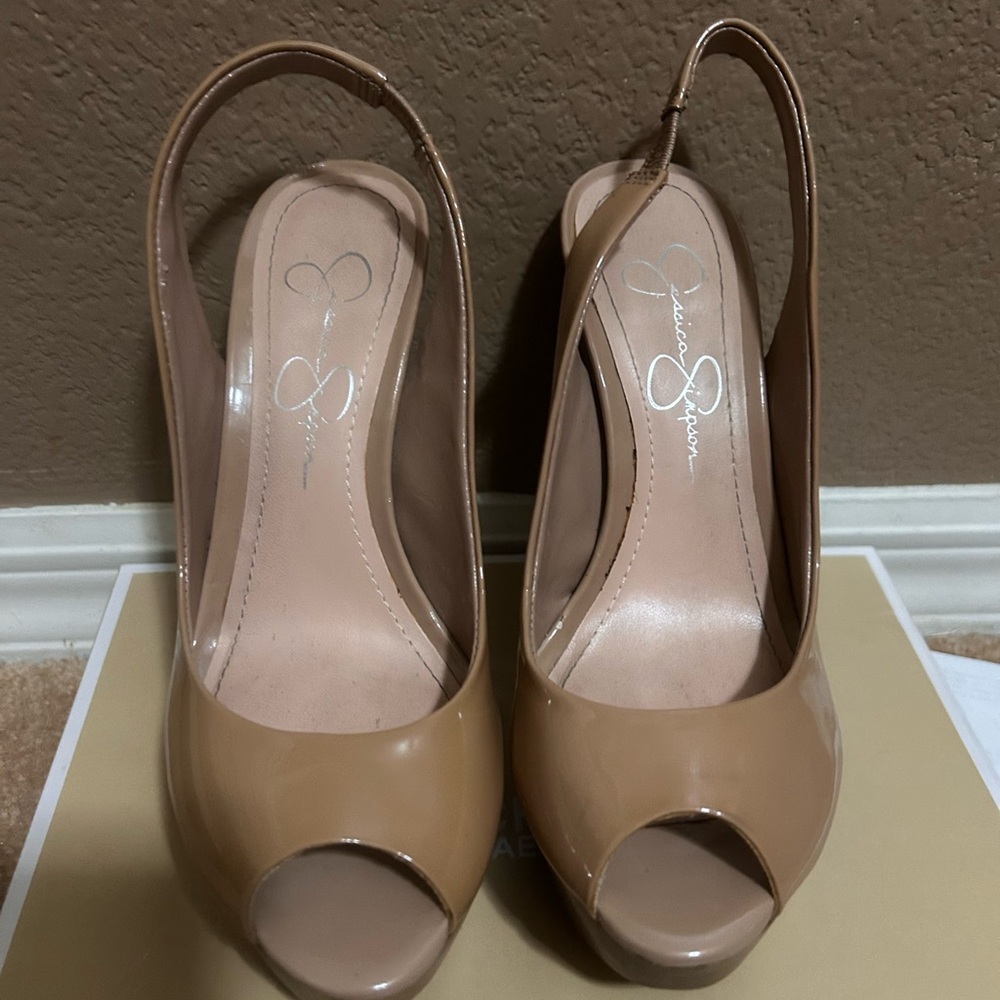 Jessica Simpson Tan Peep-Toe Slingback Heels
